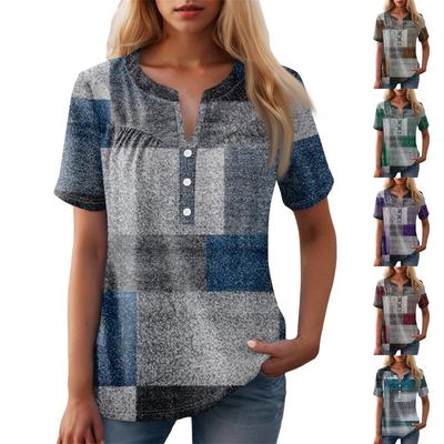 Women's Casual Floral Print V-Neck Short Sleeve Decorative Button T-Shirt Top