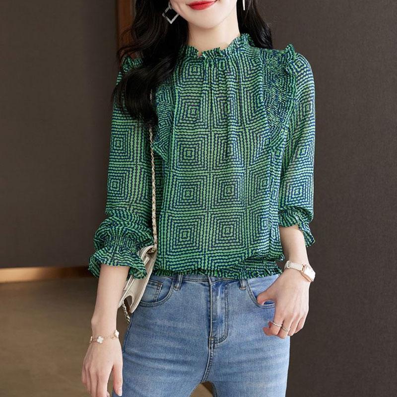 Commute Geometric Printed Shirt Elegant Folds Female Clothing Stylish Ruffles Spliced Shirring Spring Autumn Long Sleeve Blouse