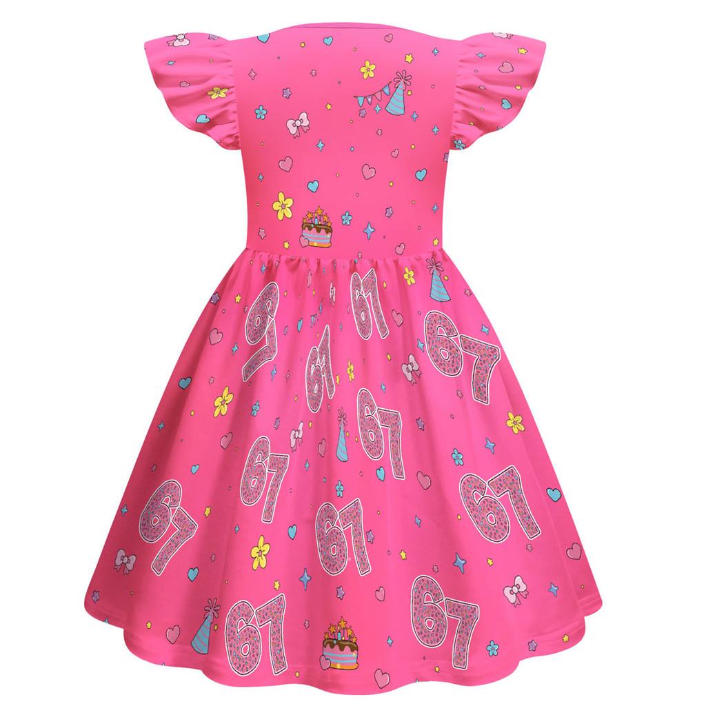 82866 Kids Girls Steal a Brainrot 67 Print Ruffle Sleeveless Princess Dress