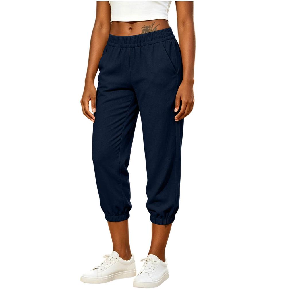 Women Loose Fit Drawstring Waist Casual Pants with Pockets Elastic Ankle Cuffs Cotton Linen for Everyday Wear