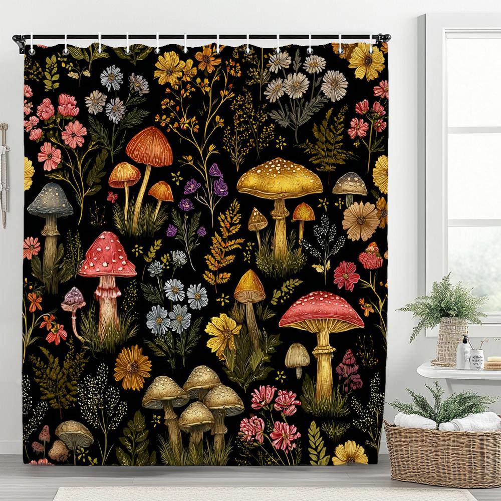 

Plants and Flowers and Mushrooms Shower Curtain, Floral Botanical Vintage Bohemian Style Bathroom Decorative Shower Curtain 90x180cm-35x70in