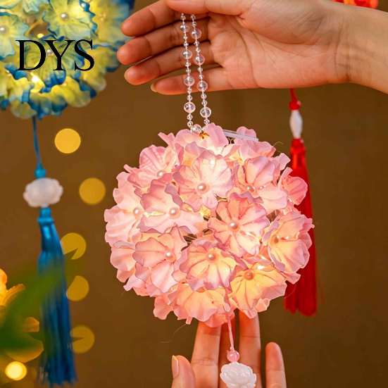 Portable LED Light Lantern Hydrangea DIY Kit, Handheld Glowing Chinese Style Flower Educational Hands on Toy Craft for Mid Autumn, Traditional