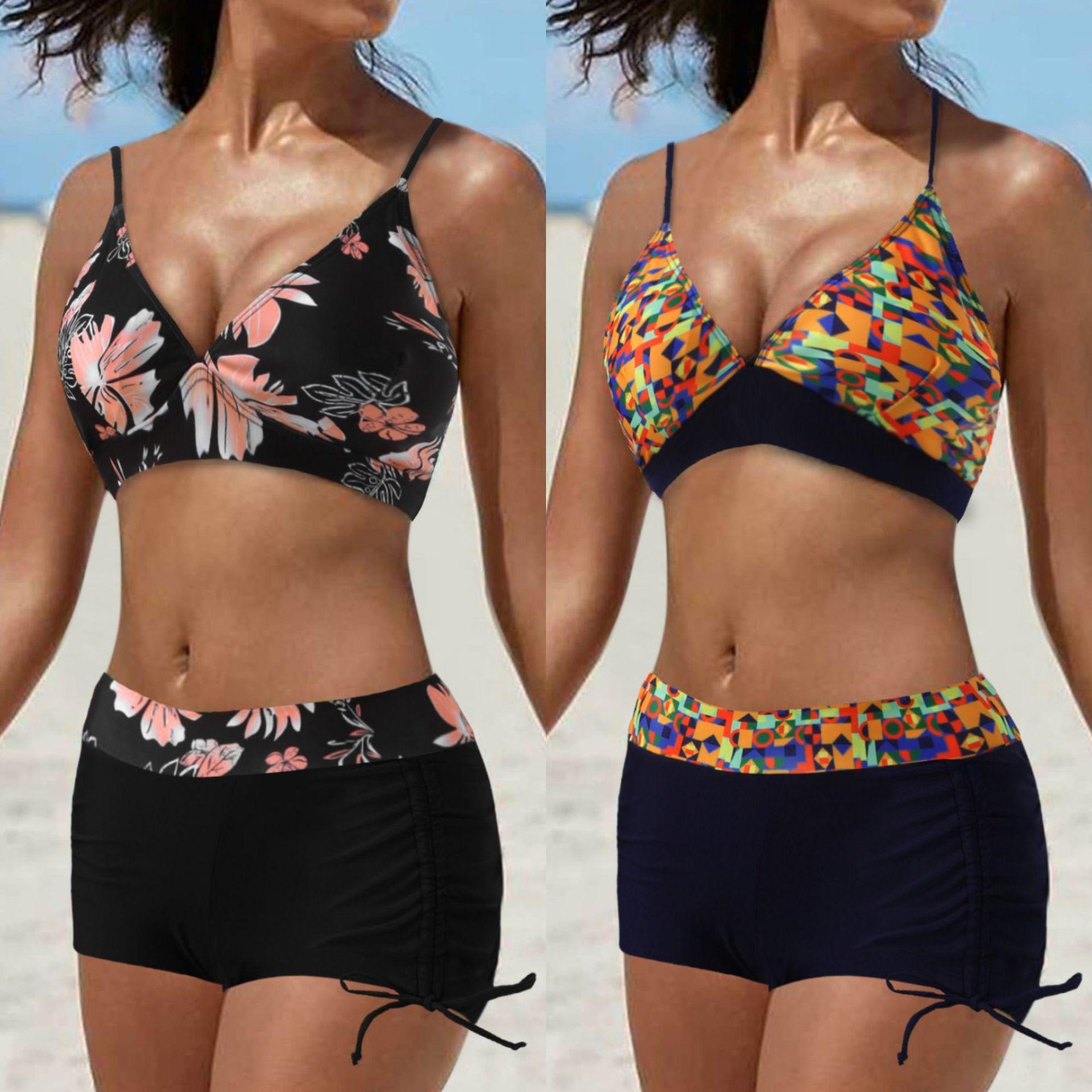 

Women Summer Beach Holiday Halter Flower Printed Two-piece Boxer Bikini XXL