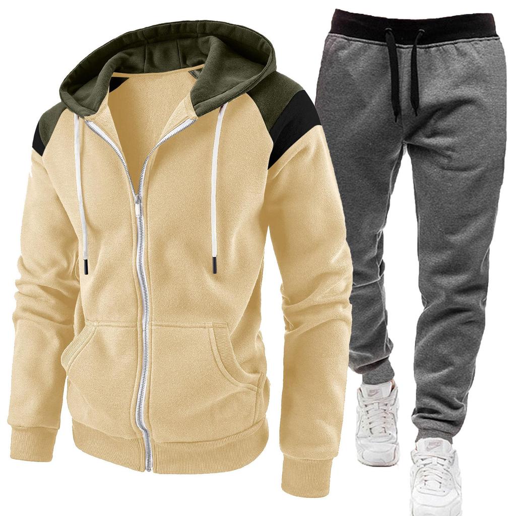 Men's Color Block Hooded Sweatshirt and Casual Sports Set