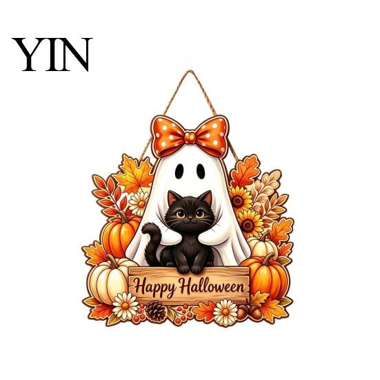 Decorative Wood Board Halloween Wooden Hanging Sign, Happy Door Sign with Gnomes/Ghosts, Retro Ornament for Shop Autumn Harvest Festival Wall