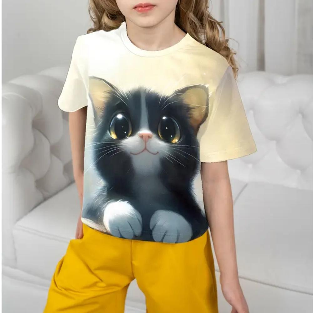 Kids Girls Clothes Print Cute Cat Graphic T Shirts Summer Fashions Casual Crew Neck Short Sleeves Streetwear T-Shirt for Girls