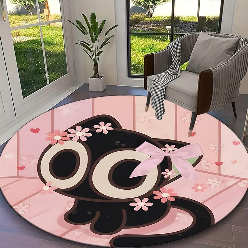 Black Cat Rug Ideal for Reading Room, Multi-purpose Office Chair Sofa Carpet, Anti-slip Printed Home Round Rug