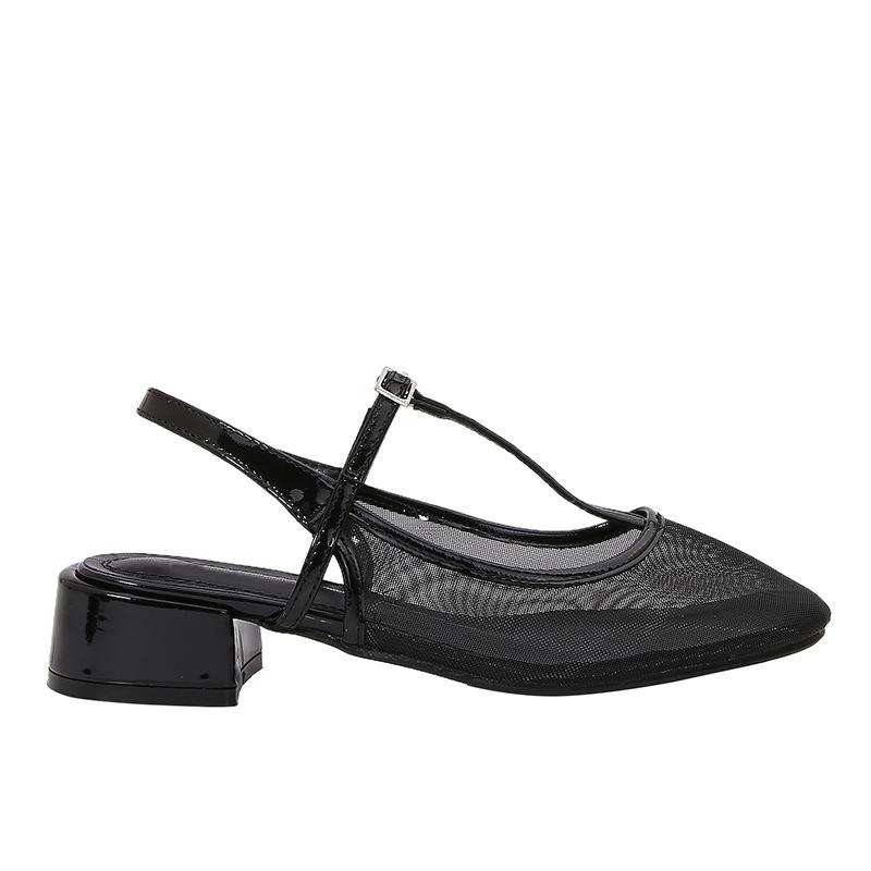 Fashion Cozy Mesh Square Toe Heel Sandals Women Fashion T Strap Buckle Brand Designer Shoes Elegant Slingback Thick Bottom Casual Shoes