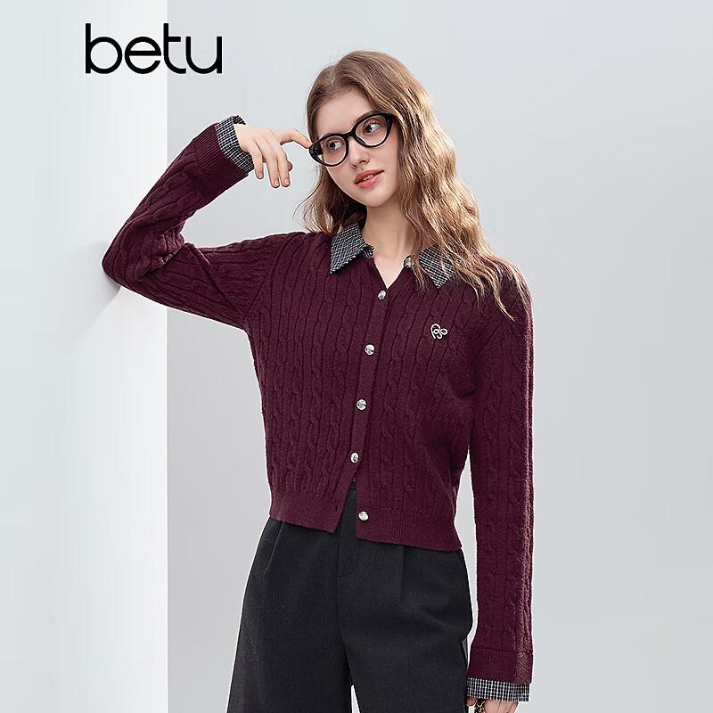 Betu Women's 2025 Winter Plaid Patchwork Turn-Down Collar Fake Two-Piece Sweater