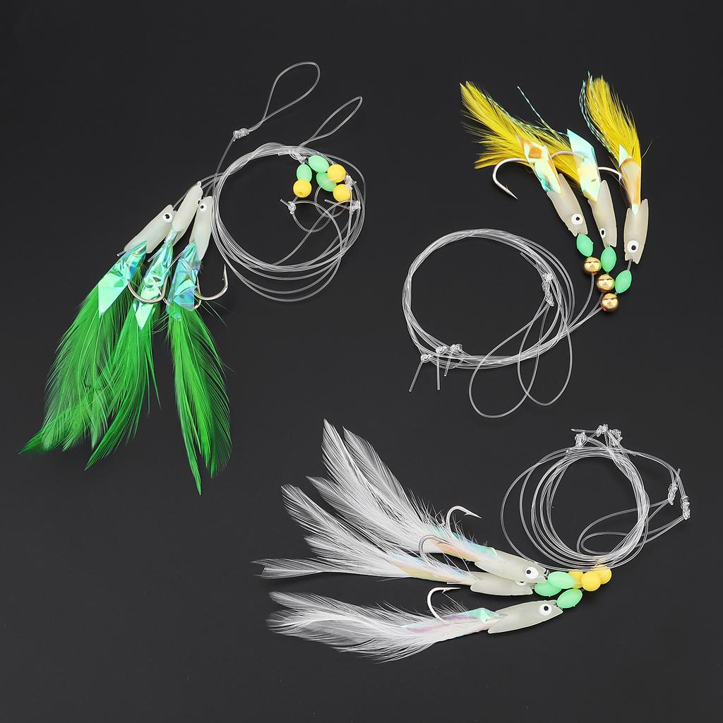 3 Packs Glow In Dark Multi-Color Chicken Feather Fishing Lure Fish Head Hooks Freshwater Saltwater Trout High Visibility Attractor