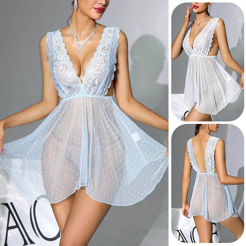 Multi-Color Lace Deep V Nightgown Sheer Mesh Backless Polka Dot Sexy Pajamas 155 Playful Seductive Sleepwear with Classic Polka Dot Charm