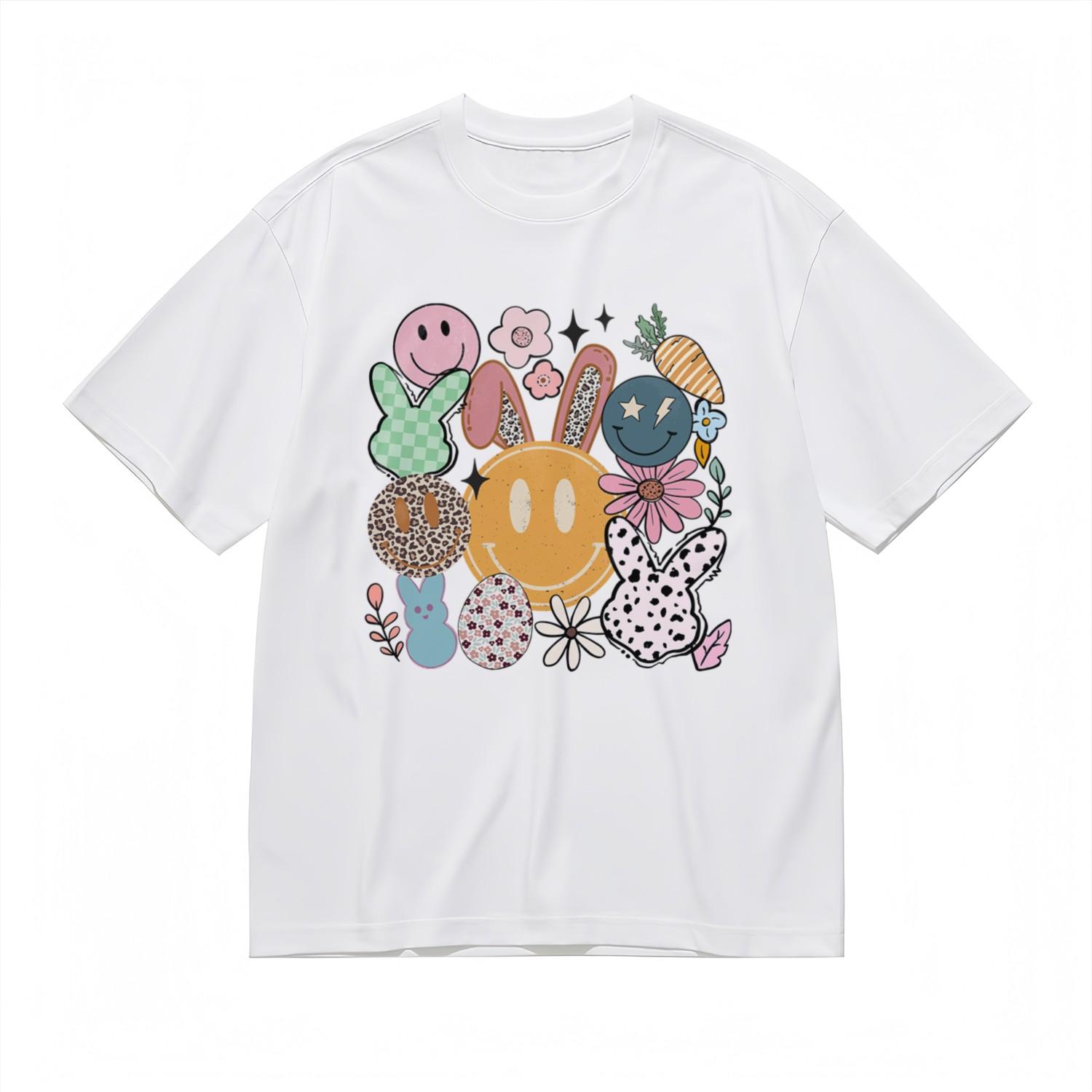Women s Slight Stretch Classic T-Shirt Mens Womens Tees Top Smiley Face With Bunny Floral Mix Tee 3XL
