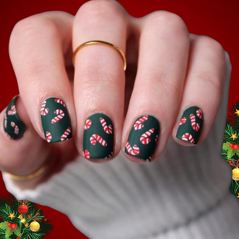 Christmas Press on Nails Short Square Red Fake Nails with Candy Cane Line Snowflake Glossy Designs Full Cover Press ons False Nails for Women 24 Pcs