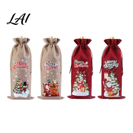 Imitation Linen Wine Pouches Christmas Bottle Bag Vintage Drawstring Sleeve Reusable Faux Holiday Party Packaging Cover Clothes for New Year Wedding