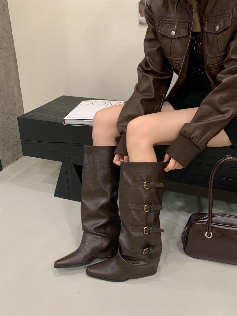 Heel Pants Boots Belt Buckle Boots 2025 Fall/Winter Pointed Western Cowboy Boots Vintage Spice Girl Knight Boots