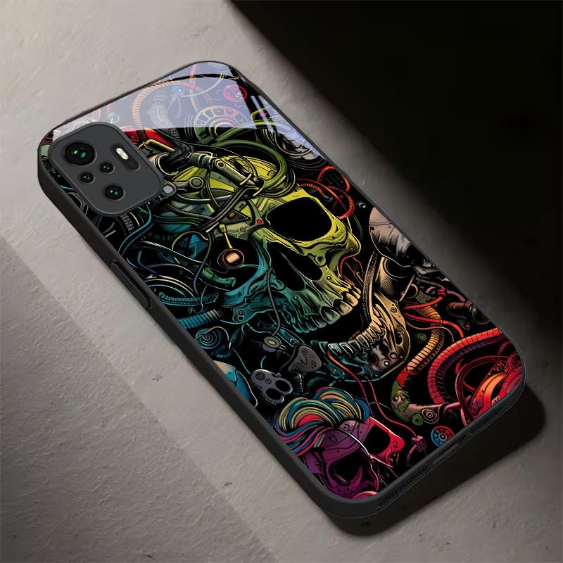 Neon Tech Skull Graffiti Black Glass Phone Case For Redmi Note 14 Pro+ 13 Pro 8 9 9S 12S 10 Pro 11 13C 14C A3 12 13 Black Cover