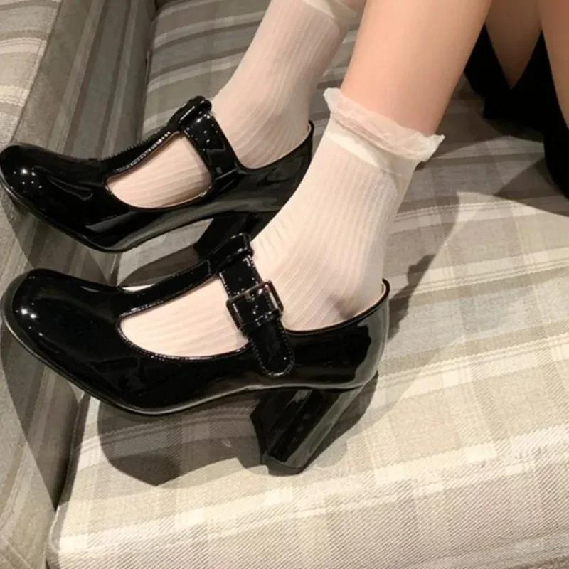 

Мода 2025 Мода Джейнс Женские Туфли на Высоком Каблуке Лаконичные Туфли-Лодочки на Платье Высокий Толстый Каблук Ремешок с Пряжкой 35 чёрный