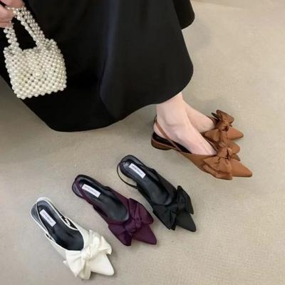 Designer Bow Women's Sandals Pointed Toe Elegant Heels Shoes Summer Mules Shoes 2025 Slingback Dress Slippers Trend New