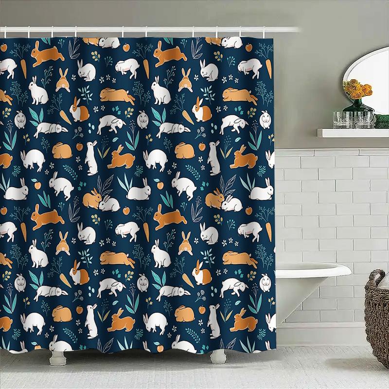 Rabbit Shower Curtain Woodland Animal Forest Bathroom Decor Nature Cute Bunny Spring Easter Home Decor Set Waterproof Modern Far