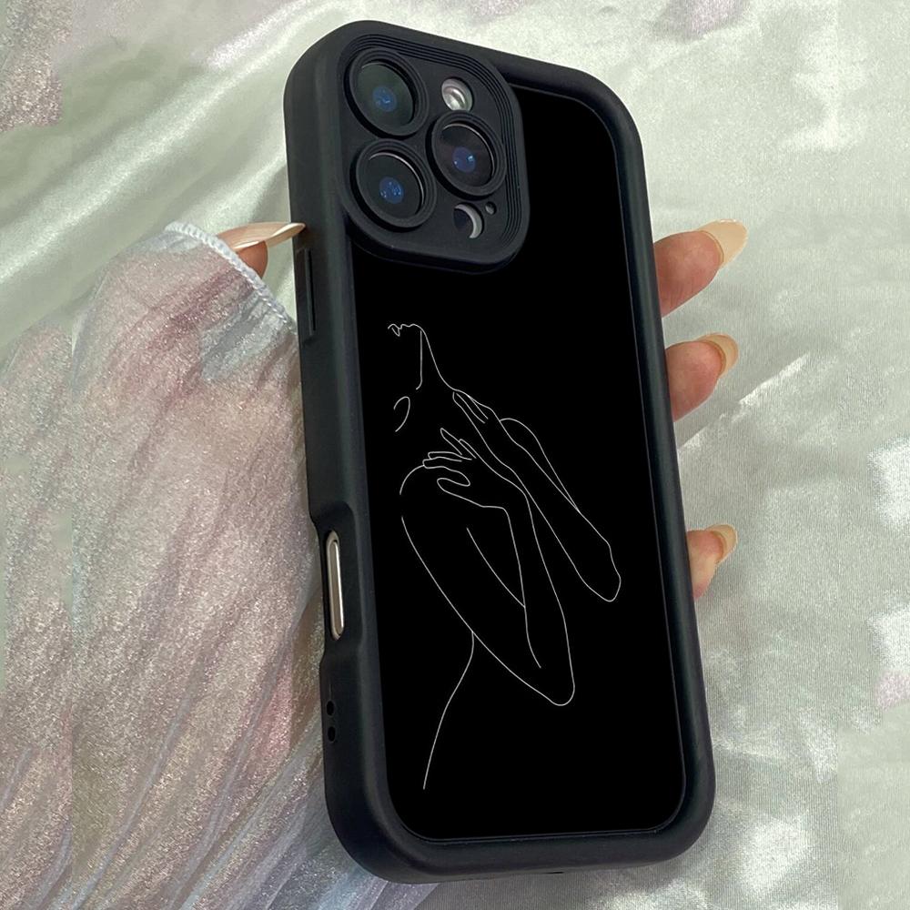 JT84 Black Line Art Drawings for iPhone 17 16 15 Pro Max Samsung S26 S25 S24 Ultra A17 A16 A07 A56 Xiaomi 15T Redmi Note14 Pro Soft 15c TPU Case