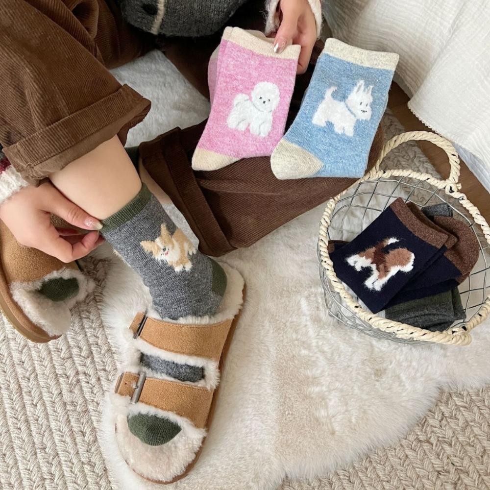 3 Par Söta Valp Fleece Strumpor Dam Höst och Vinter Tjocka Varma Mellanlånga Strumpor Parti