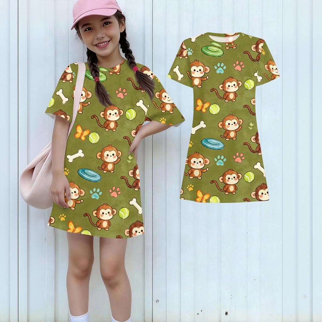 Girls Loose Fit Short Sleeve Dress Kids Round Neck Lightweight Summer Dress with Animal Print Pattern Casual Daily Wear