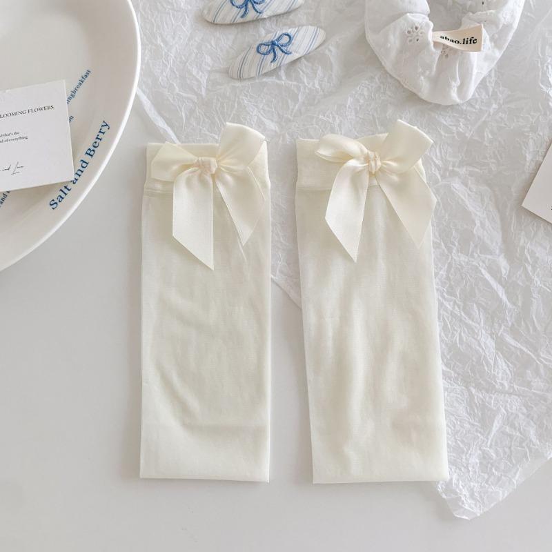 

Женские летние тонкие дышащие балетные носки до икры с бантом кремово-белого цвета 1 pair