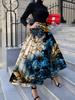 Casual Abstract Floral Print Midi Skirt for Women Blue and Gold Flower Pattern A-Line High Waist Summer Office Party Skirt
