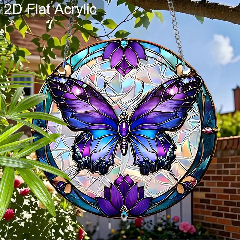 Acrylic Purple Butterfly with Floral Suncatcher, Stained Glass Style Window Hanging for Nature and Butterfly Lovers