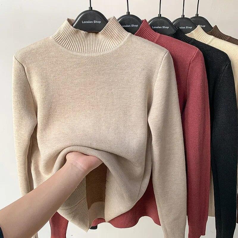 WTEMPO Vintage Turtleneck Winter Sweaters New Casual Knitted Pullover Fashion Fleece Lined Thick Warm Knitwear Women Velvet Tops