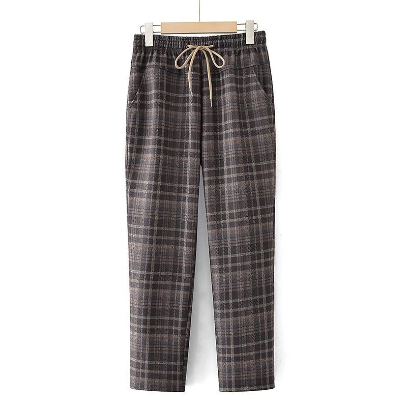 Spring Style Fashionable Plaid Elastic High Waist Pants for Middle-aged and Elderly Women