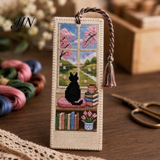 Vintage Style Bookmark DIY Stitch Kit for Adults Beginners, Seasonal Cat Retro Handmade Embroidery Kit, Gifts Lovers, Readers Artistic