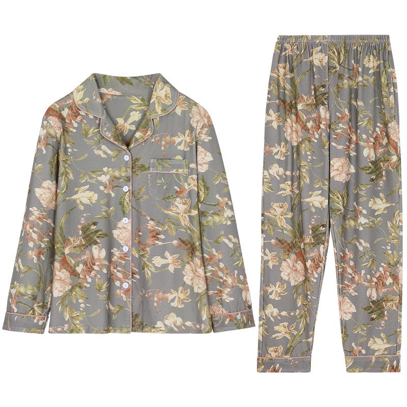 Pajamas women's spring and autumn pure cotton long-sleeved autumn cotton large size middle-aged mother loose spring and summer thin loungewear set