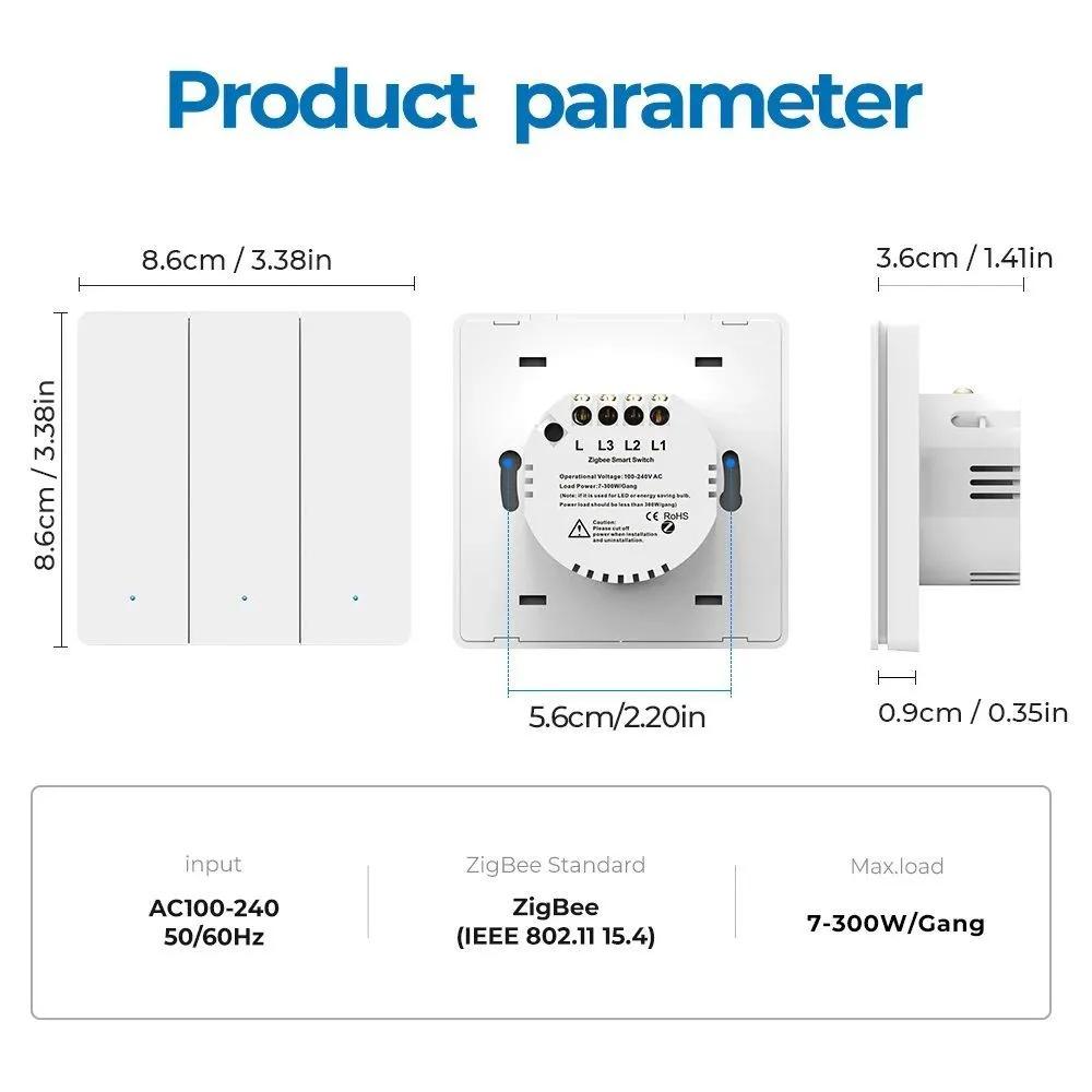 Tuya ZigBee Smart Light Switch No Neutral Wire No Capacitor Needed Wall Push Button Switch 1/2/3 Gang Works with Alexa Google