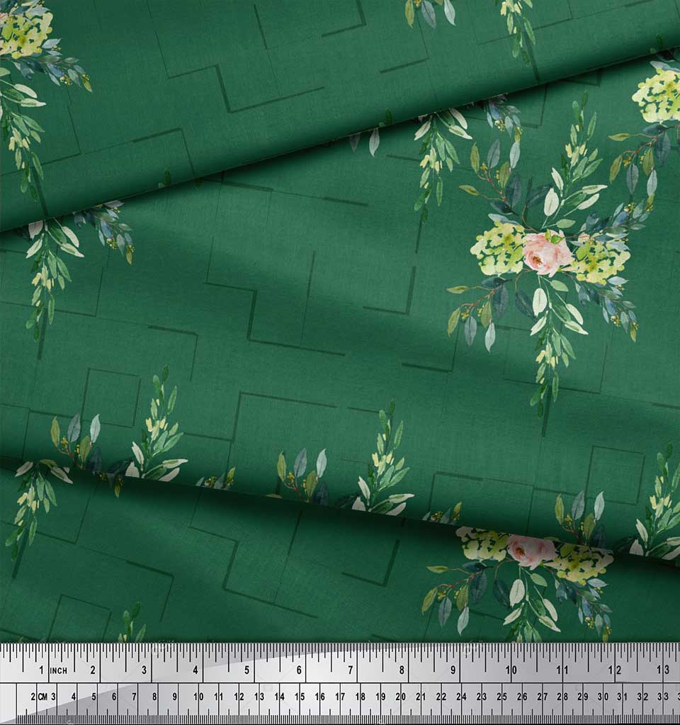 Soimoi Brown Poly Crepe Fabric Square & Leaves Printed Craft Fabric by the Metre 42 Inch
