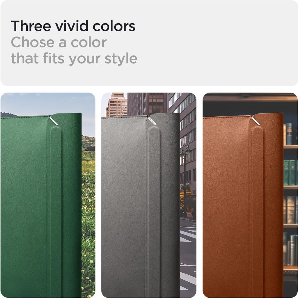 Spigen Laptop Sleeve Bag with Folding Stand for MacBook Pro, Built-in Magnetic Flap, Leather Laptop Case, Laptop Pouch Bag, AFA06422 (Brown)