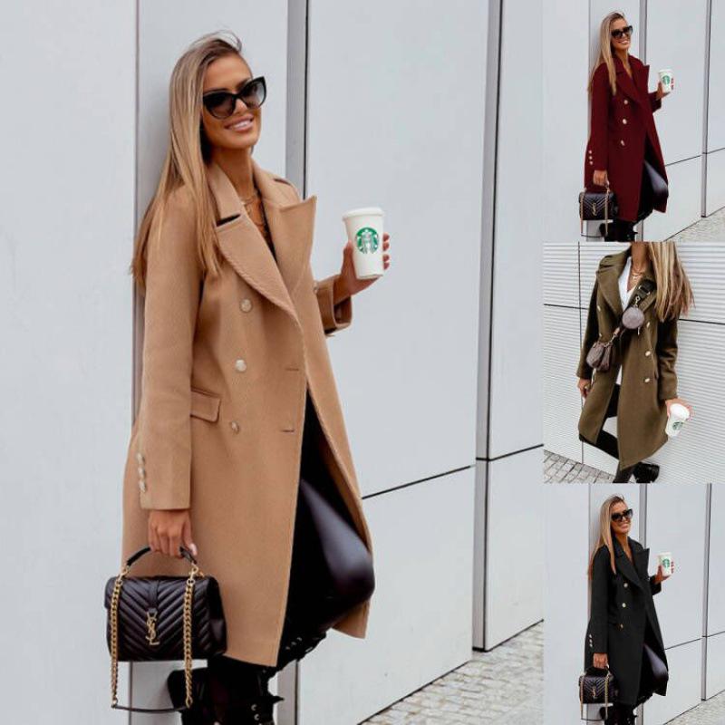 Women's Autumn/Winter Double-Breasted Long-Sleeve Woolen Coat with Simple European and American Design