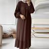 In-Stock Pleated Vintage Muslim Women's Robe with Puff Sleeves and Pocket Hem Ruffle Dress