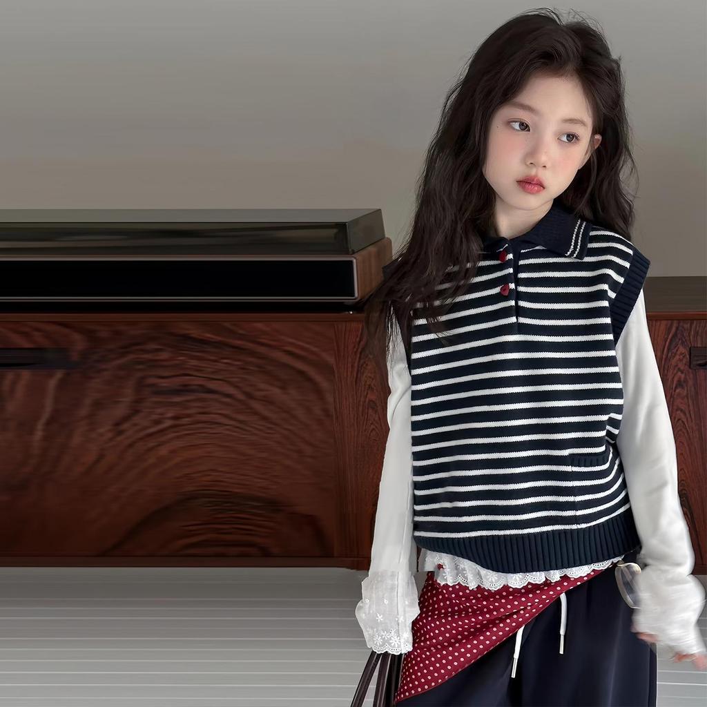 Autumn 2025 Girls' Fashionable Knitted Vest Polo Set - Trendy Three-piece Outfit