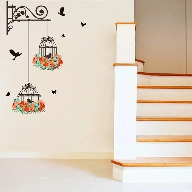Colorful Flower Birdcage Wall Sticker Decals Flying Birds Plants Adhesive Living Room Wallpaper Bedroom Nursery Window Decor