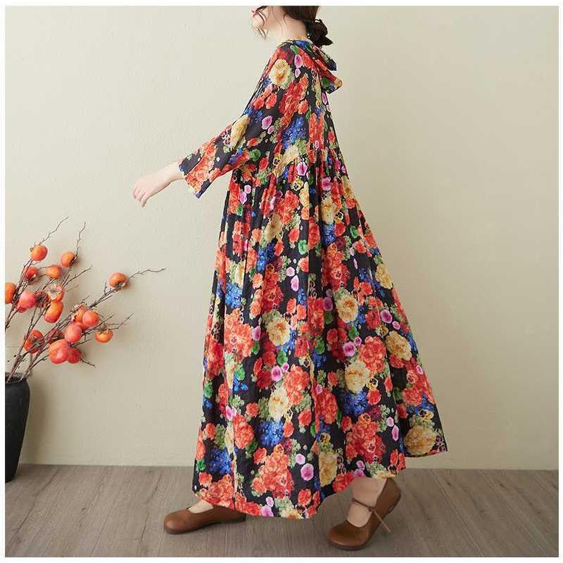 Ladies' Retro Niche Cloud Brocade Yarn Cotton Linen Hooded Printed Dress