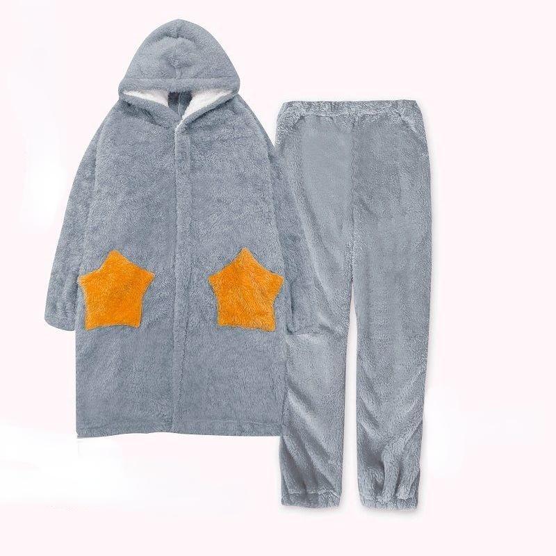 Kawaii Roben-Sets für Damen, schlicht, schick, süß, mit Kapuze, Ins, Taschen, weicher Flanell, gemütlich, dick, neueste Homewear, 2 Brustpartien