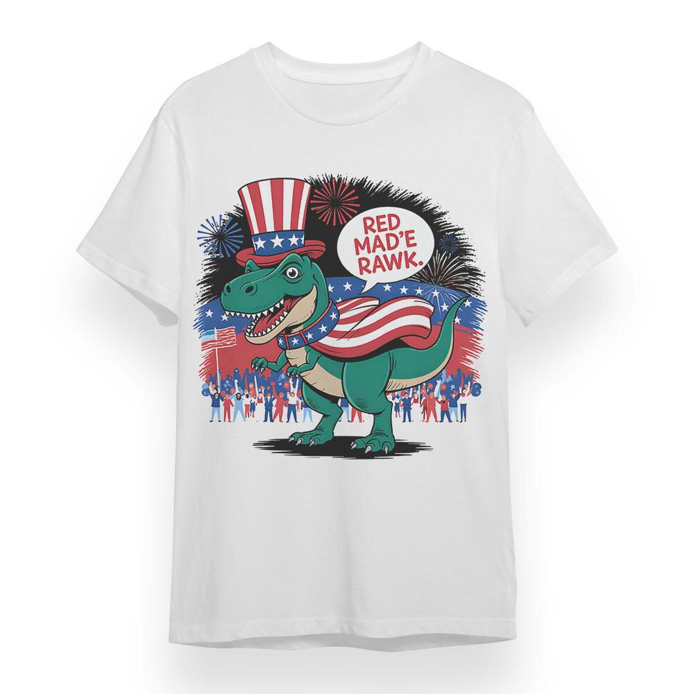 Men s Soft T-shirt With Patriotic Dinosaur Unisex White 100%Cotton Plus Size Tee L