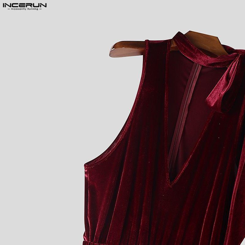 INCERUN Men Lacing Neck Sleeveless Solid Velvet Party Long Rompers Jumpsuits