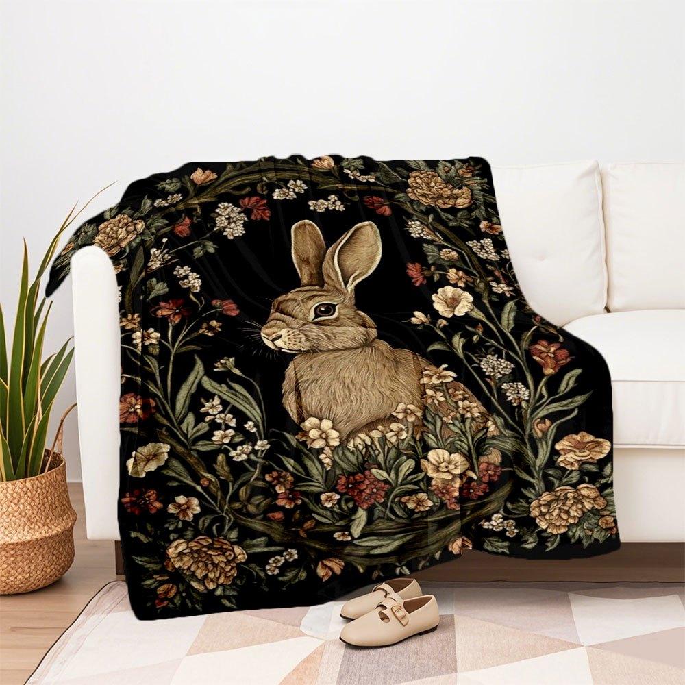 "Rabbit in Flowers: Elegant Wall Art Print"Blanket Flannel Throw Blanket for Sofa, Bed, Travel, Camping, Office, Couch, Chair, And Bed Gift