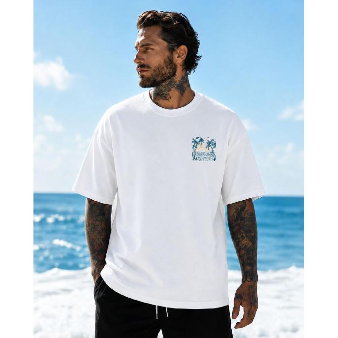 Herren Tropical Beach Grafik T-Shirt Palme Sonnenuntergang Tee
