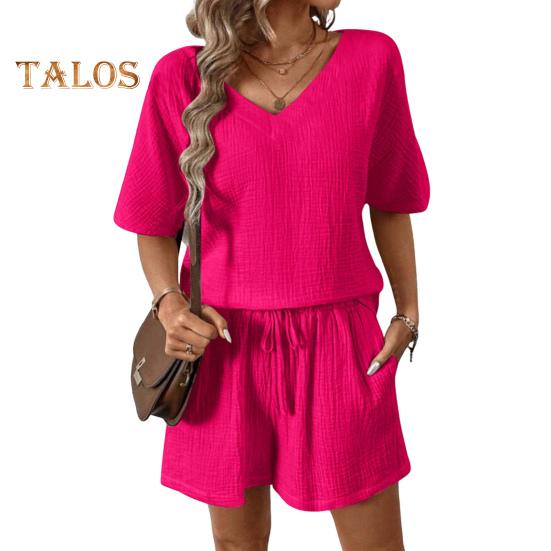 

Женский повседневный наряд из 2 шт./компл., футболка с v-образным вырезом и короткими рукавами, эластичная резинка на талии, широкие шорты, комплект, сплошной цвет, тканевый наряд с морщинами XL