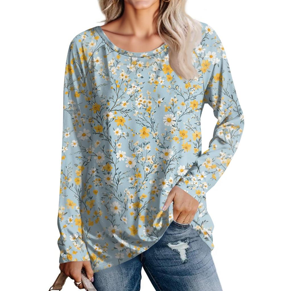 Damenmode Lässig Langarm Print Rundhals Pullover Top Bluse