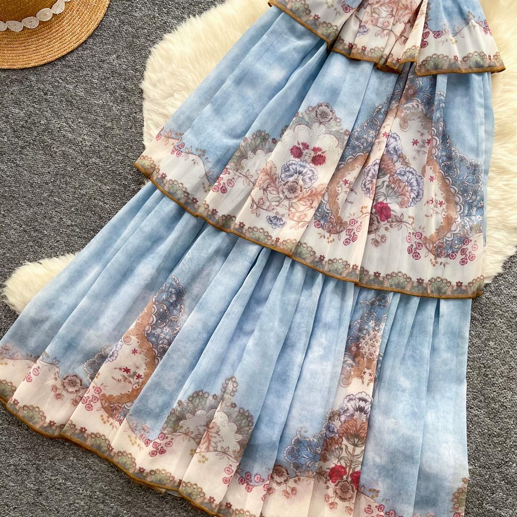 French Romantic Style Blue Floral Spaghetti-Strap Long Dress for Women Summer Korean-Style Tiered Slimming VacationBeach Dress