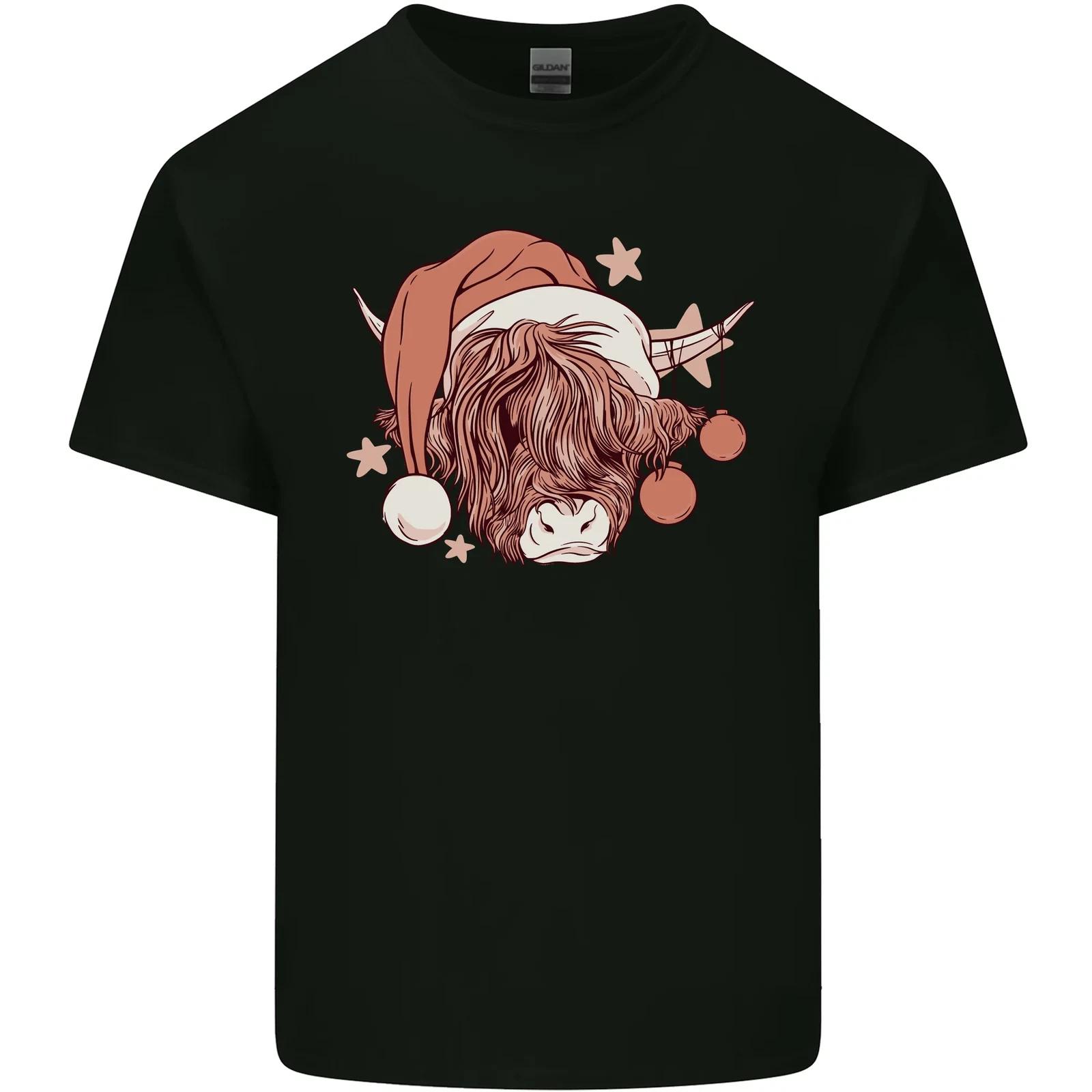 Funny Christmas Highland Cow Santa Hat Kids T-Shirt Childrens S